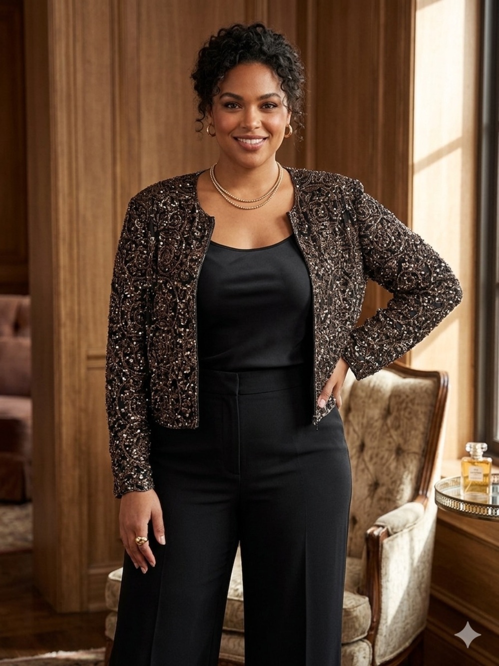 Alfani Black Jacket with Bronze Sequin Embroidery